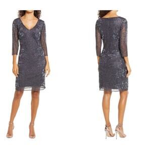 Pisarro Nights Slate Blue Beaded V-neck Cocktail Dress Size 6 NWOT $238 MSRP